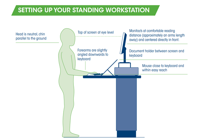 A person is working at a standing desk that is set-up to be safe. The computer monitor is arm-length away and positioned so the top of the screen is at eye level. The desk is high enough that the forearms are angled slightly downwards. The keyboard and the mouse and keyboard are easy to reach.